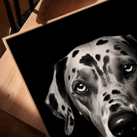 Black and white Dalmatian wall art for minimalist office decor