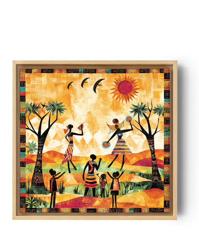 illustration vibrante représentant une scène de vie africaine avec des silhouettes dansant sous un soleil éclatant. Le paysage est composé de collines colorées, de deux arbres décorés de motifs ethniques et de trois oiseaux en plein vol. L’ensemble est encadré par des motifs tribaux.