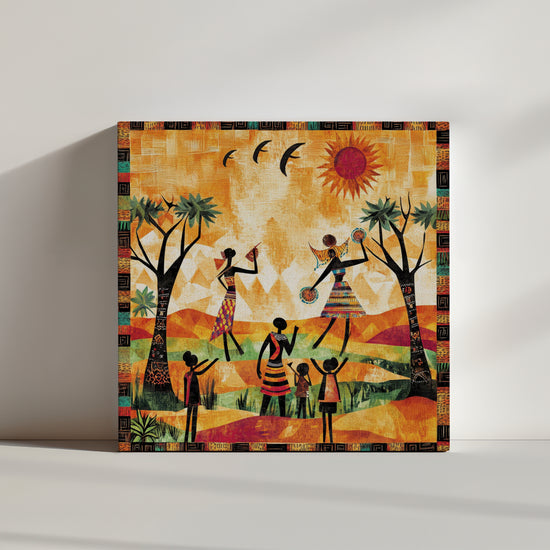 illustration vibrante représentant une scène de vie africaine avec des silhouettes dansant sous un soleil éclatant. Le paysage est composé de collines colorées, de deux arbres décorés de motifs ethniques et de trois oiseaux en plein vol. L’ensemble est encadré par des motifs tribaux.