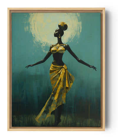 femme africaine dansant sur un champ vert, dans le style de l'or foncé et de l'aigue-marine, du réalisme délicat, de l'indigo foncé et du turquoise, de l'art inspiré par la foi, du pinceau épuré et élégant,