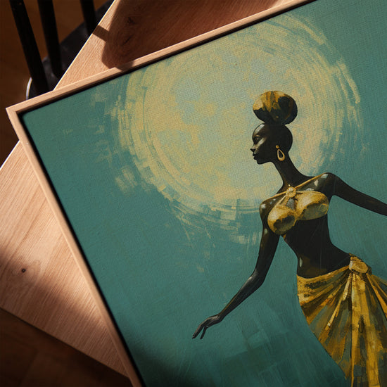 African dancer wall art with a sacred aura for the living room, golden oak frame