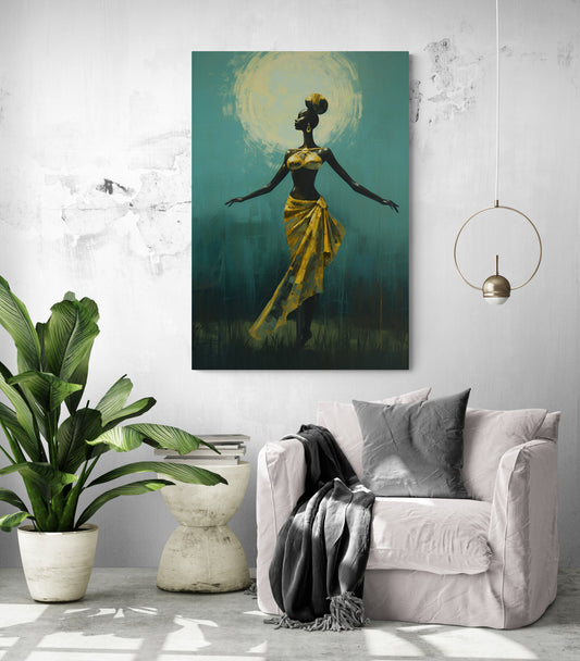 toile murale danseuse africaine apporte une touche exotique dans un salon moderne
