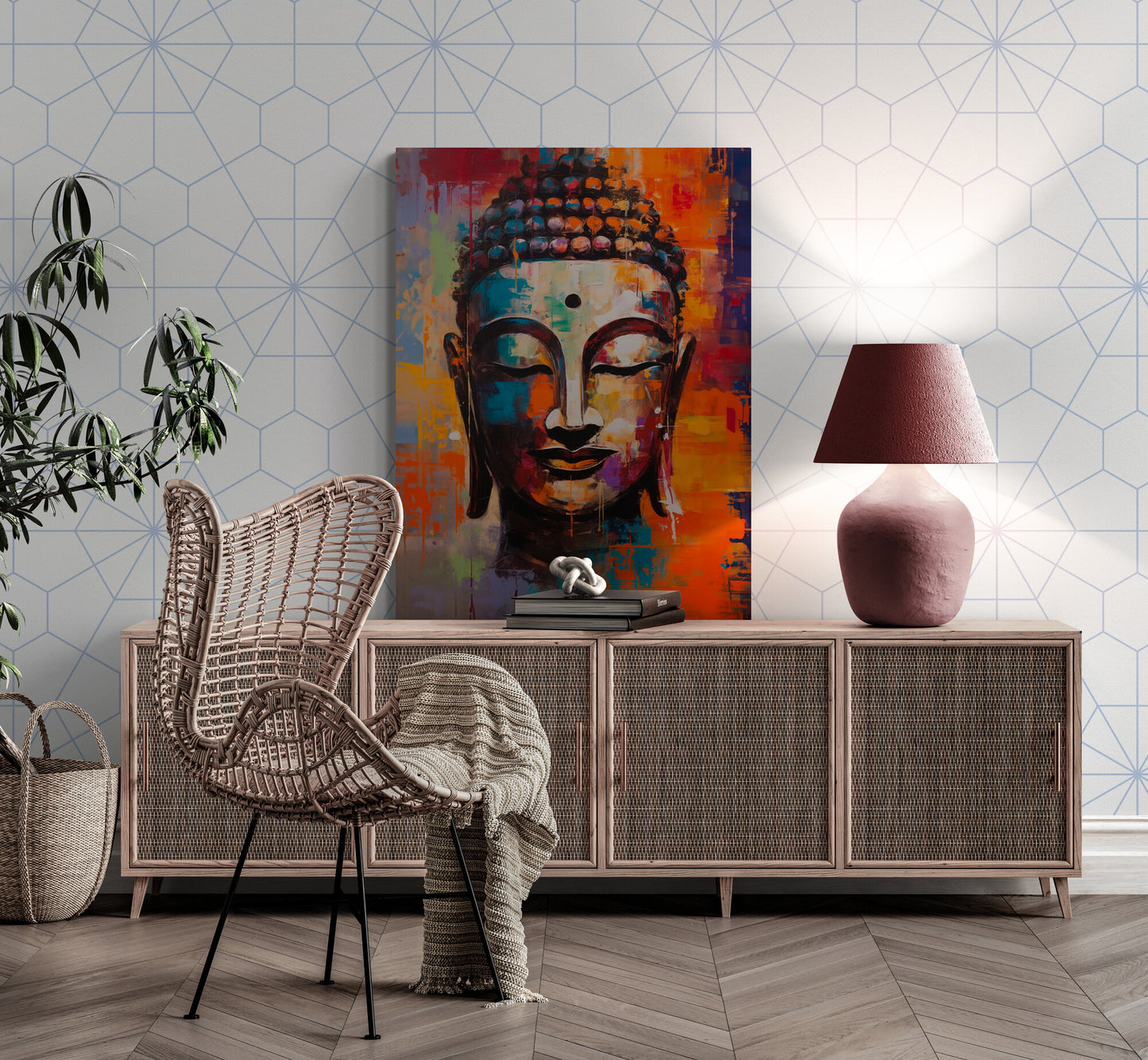 Espace contemporain avec motif géométrique et tableau de Bouddha