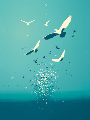 Graphic illustration of white and dark birds swirling above a deep blue backdrop, forming a cloud that spirals into the clear sky. The minimalist background enhances the feeling of freedom and lightness.