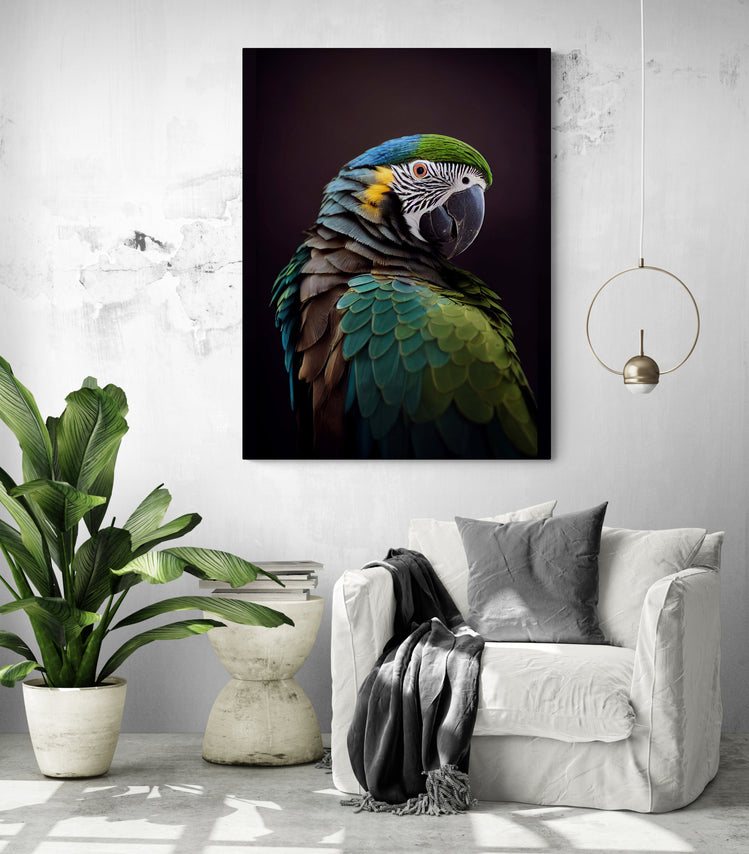 Tableau perroquet apportant une touche de couleur dans un salon sobre et lumineux