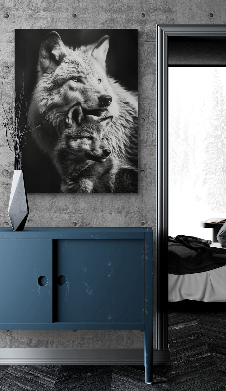 déco mural avec une loup et son petit accroché au dessus d'un meuble bleu dans un couloir devant une chambre