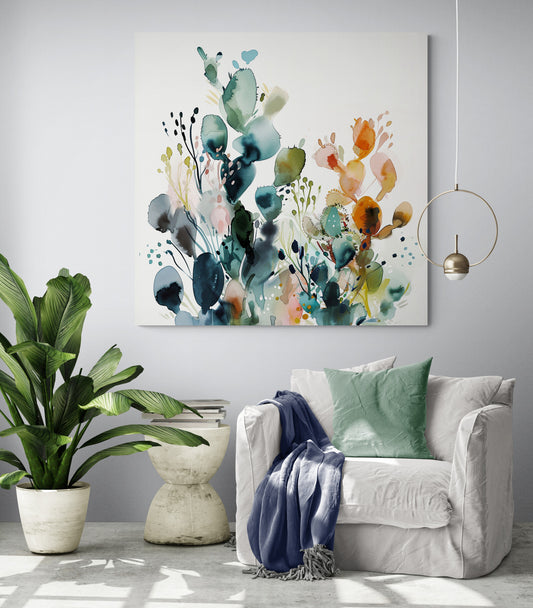 Peinture aquarelle florale sur toile, dans un salon épuré et moderne.