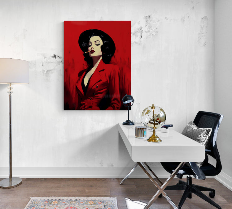 Accroché dans un bureau au design contemporain, le tableau d'une femme en rouge cigarette à la bouche, sensualité et touche rétro