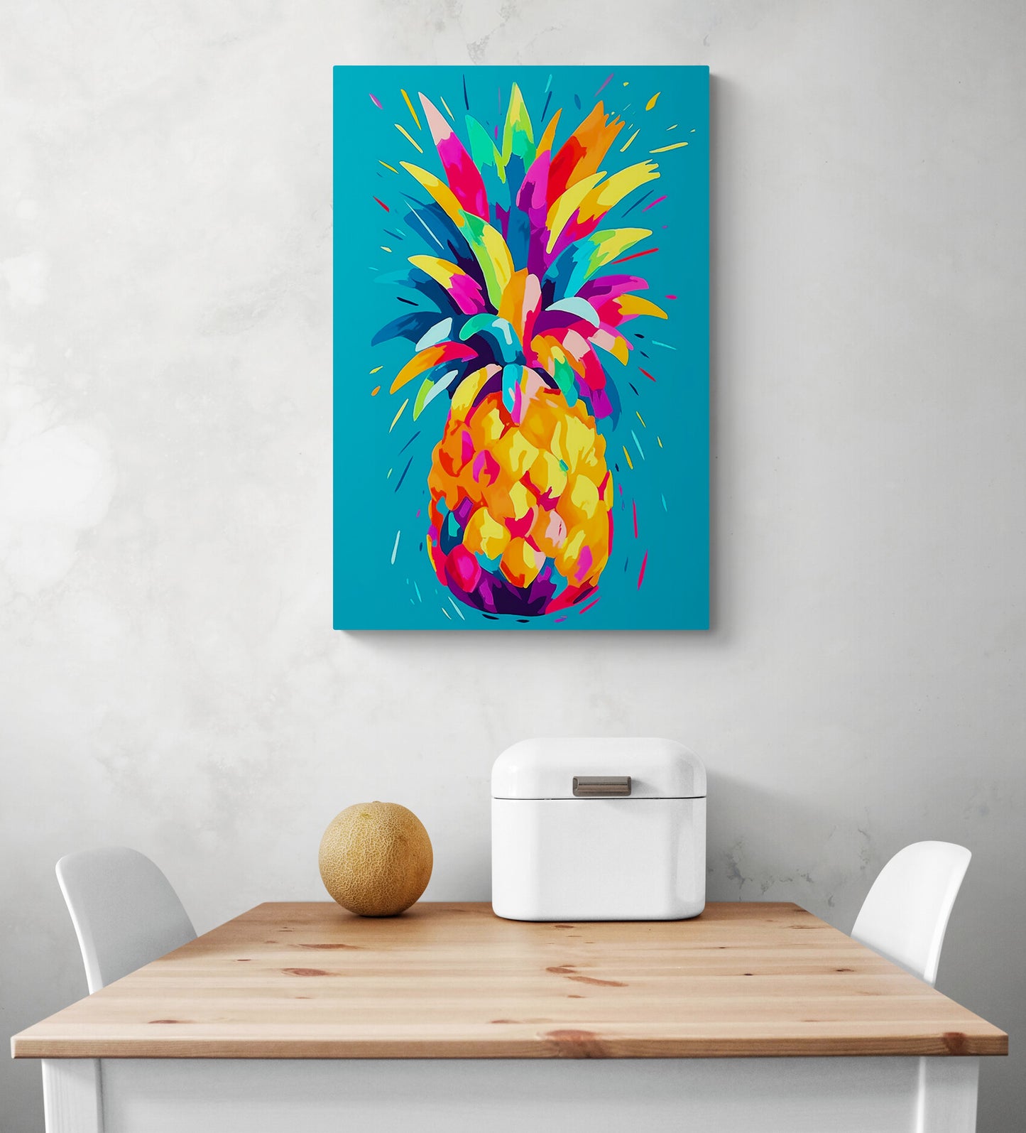 Au dessus d'une table à manger est accroché un tableau d'ananas coloré  
