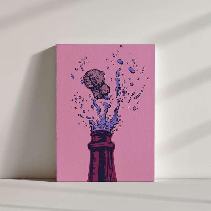 Pink kitchen wall art with a champagne bottle illustration