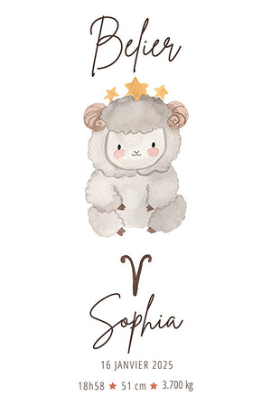 Illustration of the Aries zodiac sign with a softly drawn watercolor lamb, perfect for a child's room.