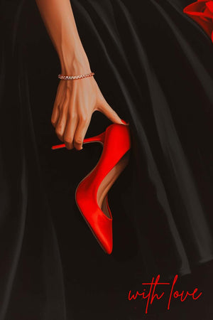 A feminine hand holding a vibrant red stiletto with a black dress in the background. The image is marked by the text "with love" at the bottom right.