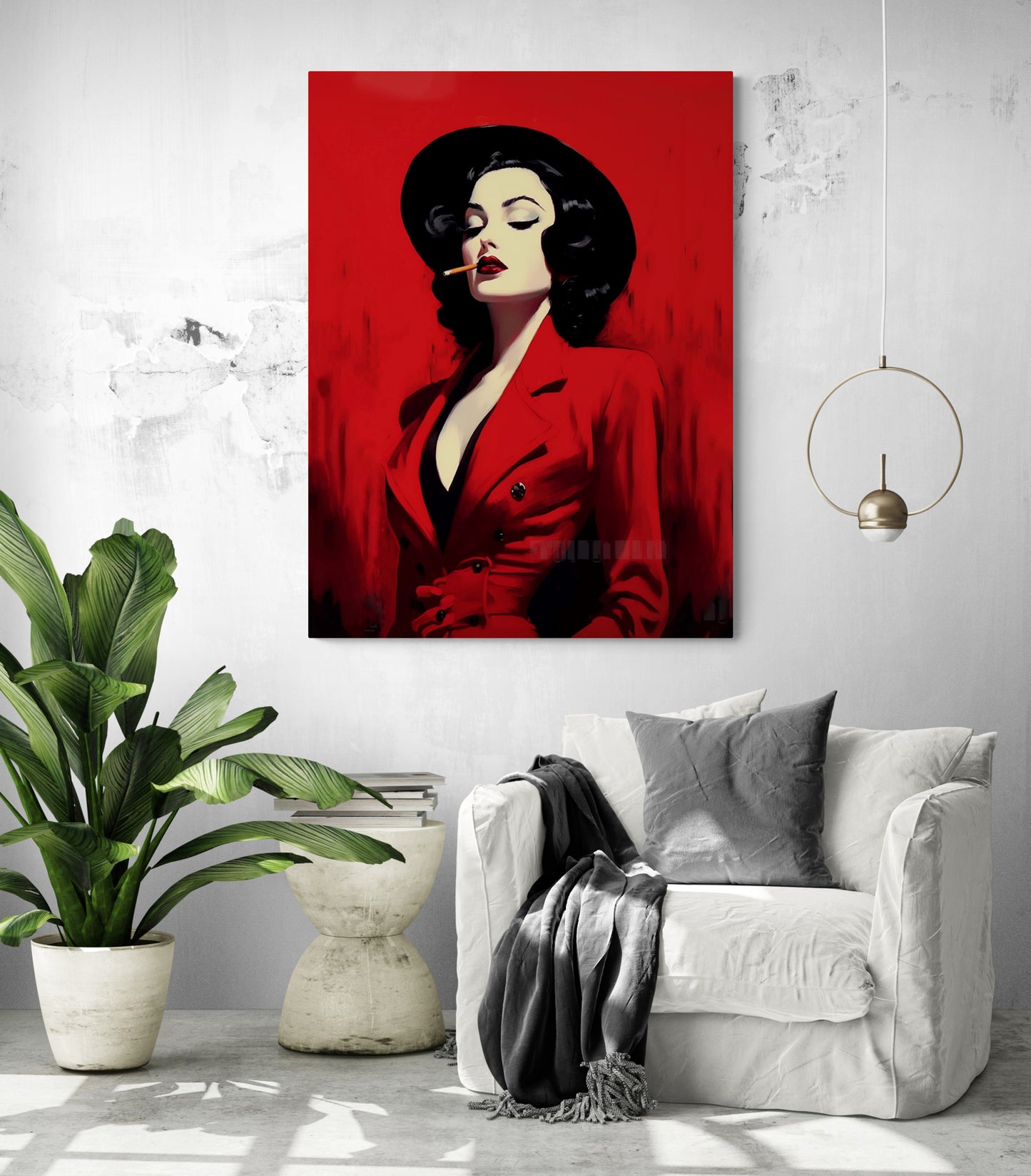 Dans un salon élégant, un tableau "Femme cigarette" est accroché, apportant une touche de charme rétro à cet espace de détente, accompagné d'un fauteuil blanc confortable.