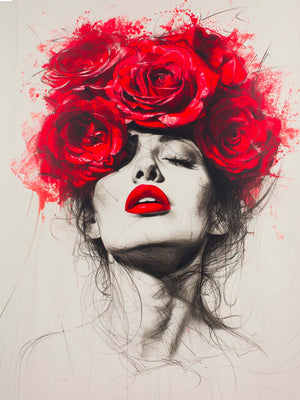 canvas, woman face, pencil strokes, roses in hair.