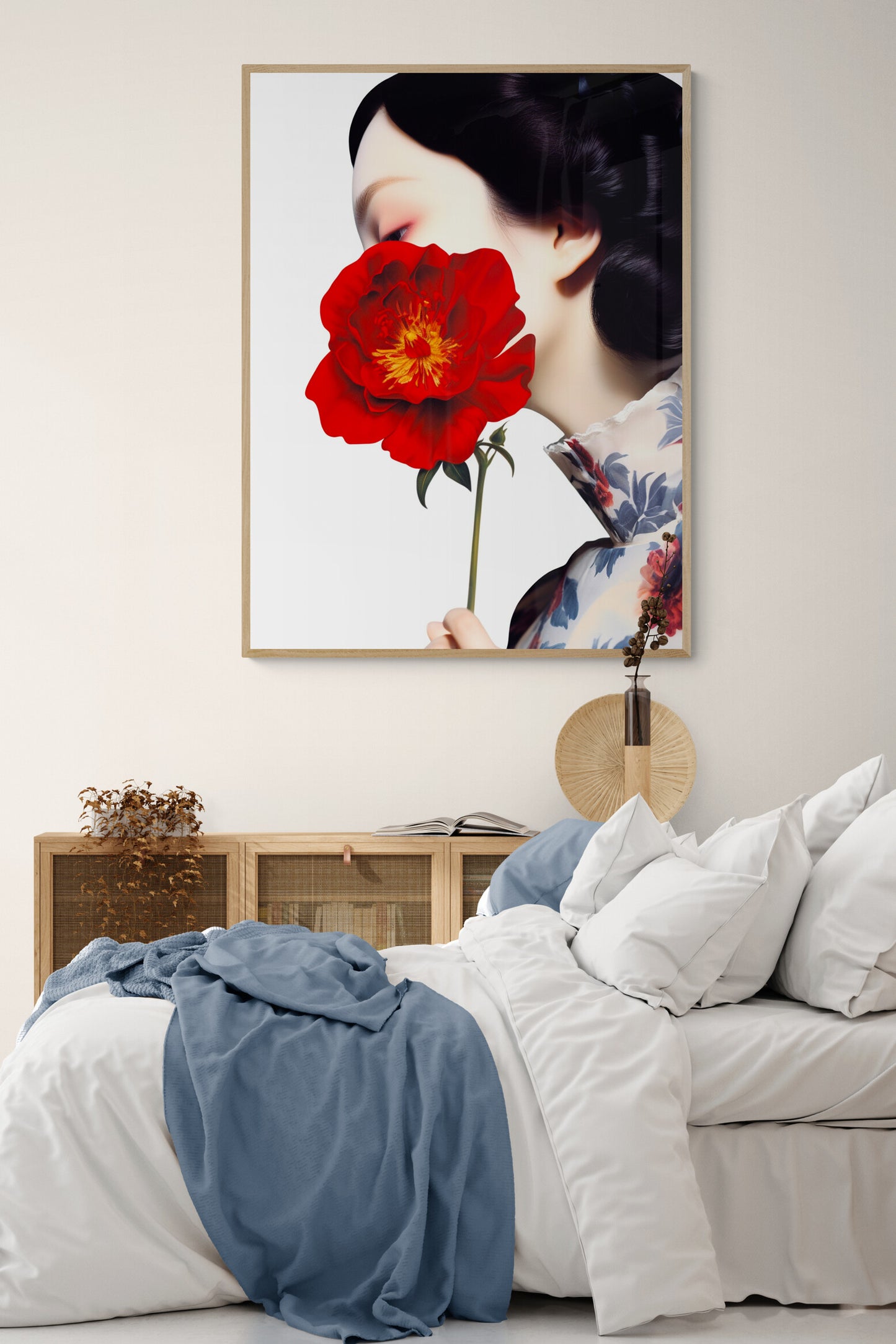 tableau encadre dans un cadre en bois naturelle avec portait photo d'une femme tenat une fleurs rouge accroché dans une chambre
