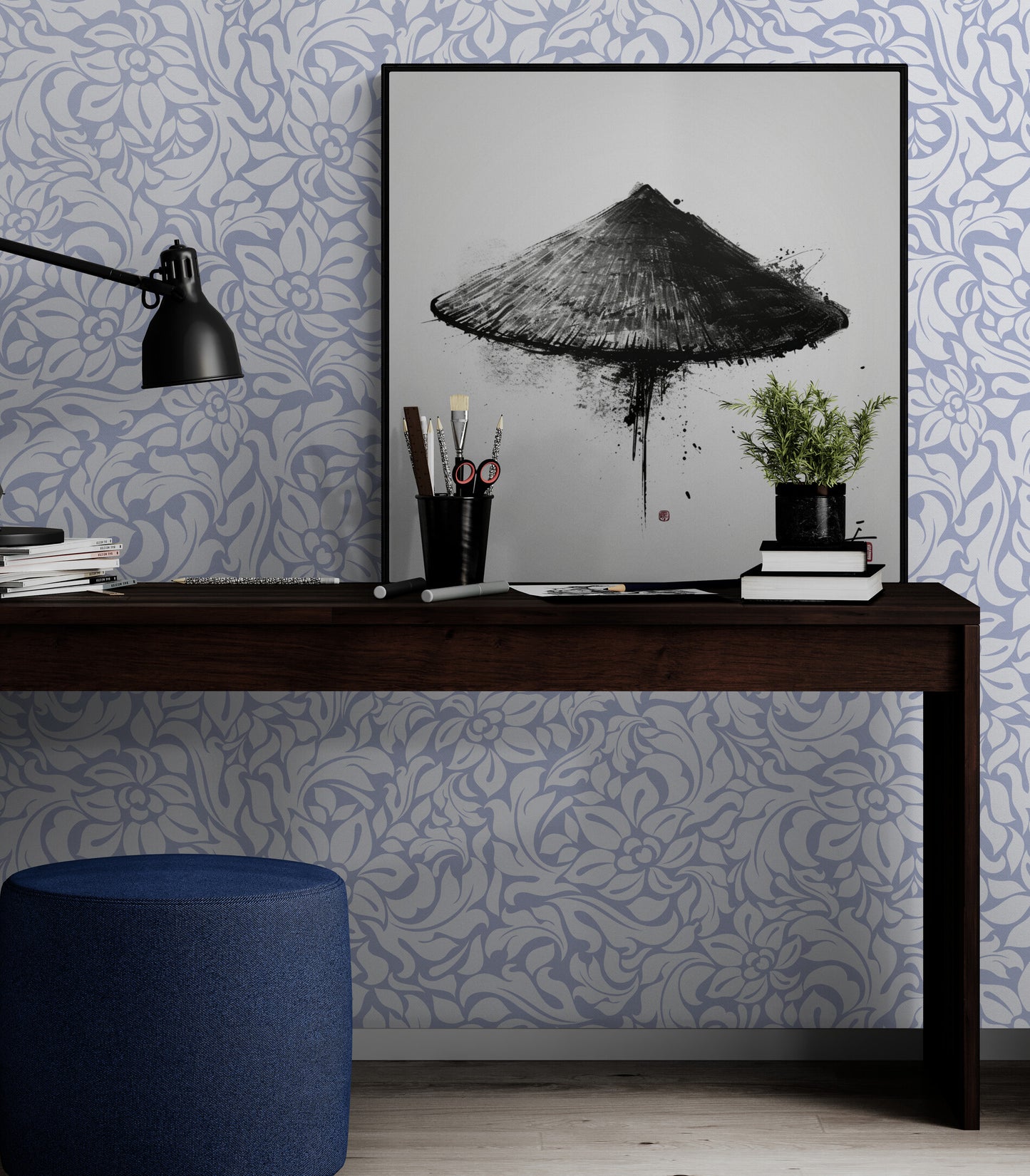 Bureau moderne avec tableau d'encre de chine et motif floral bleu