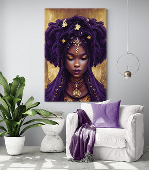 a canvas featuring a black woman with gold accessories in a minimalist white living room.