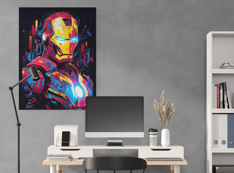 Un tableau d'Iron Man dynamique illumine un bureau moderne et épuré