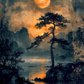 Tableau décoratif vintage représentant un paysage japonais avec pleine lune et silhouette d'arbre.