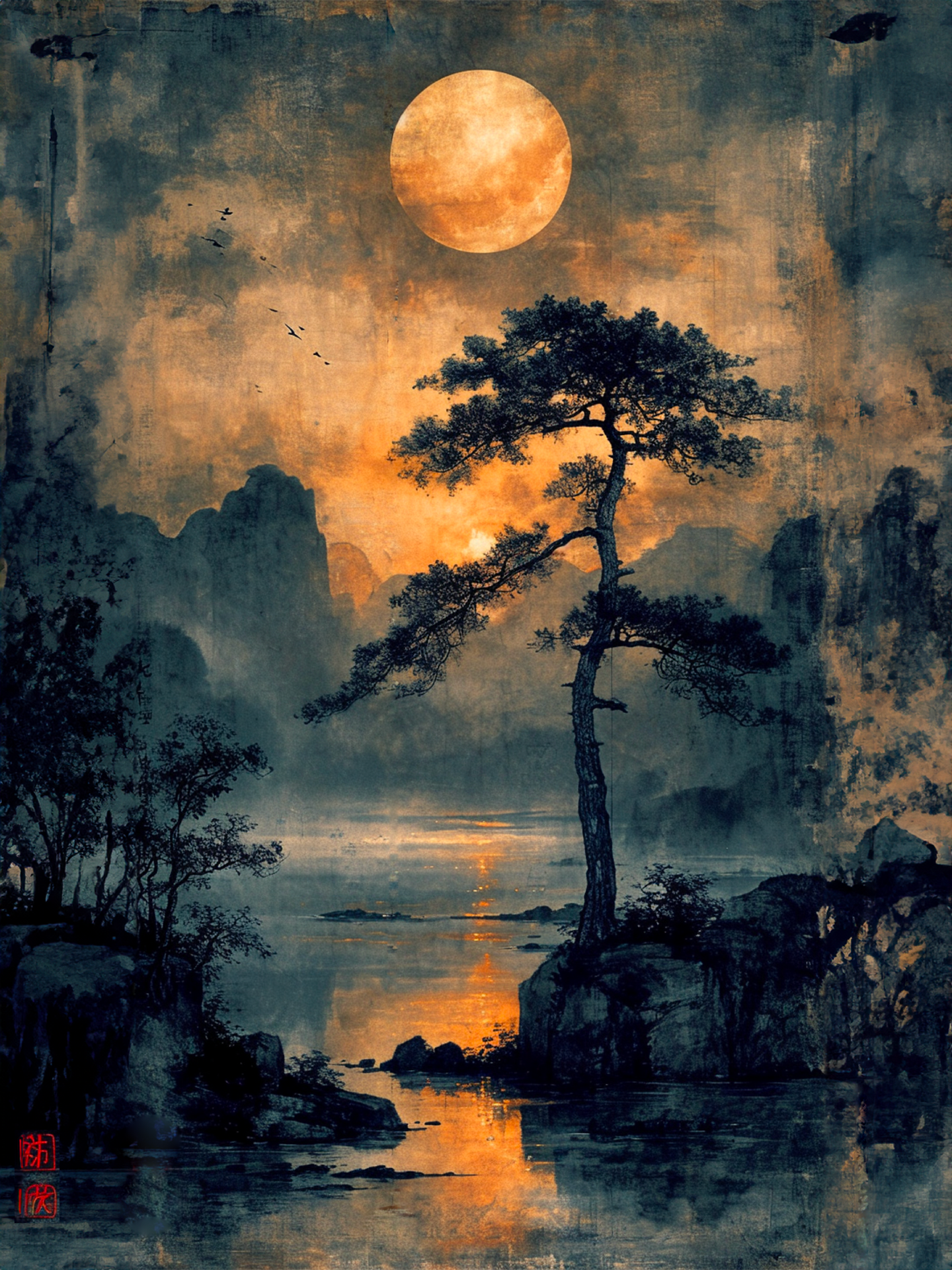 Tableau décoratif vintage représentant un paysage japonais avec pleine lune et silhouette d'arbre.