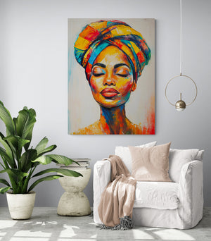 Wall canvas of a woman with a striking turban above a white sofa.