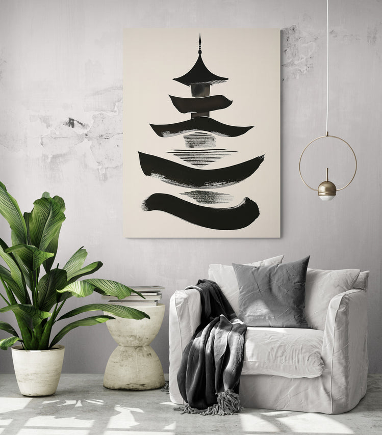 tableau toile deco calligraphie japonaise au dessus d'un fauteuil blanc