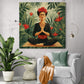 Décoration salon moderne, tableau Frida Kahlo zen, plante verte luxuriante, jeté canapé orange