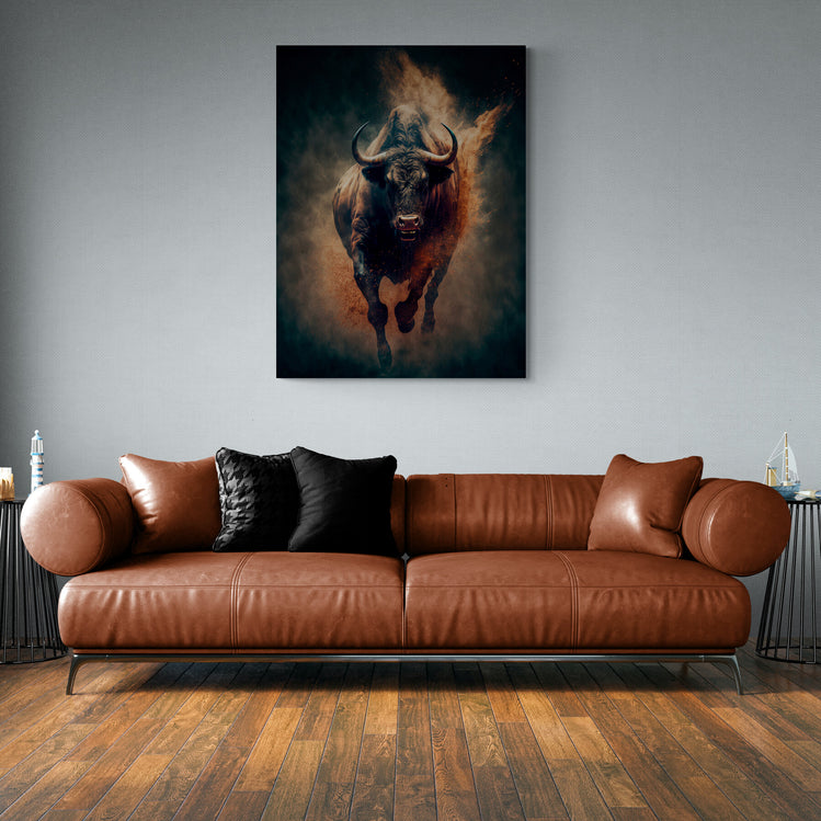 Un tableau taureau majestueux domine le salon, offrant une présence virile et artistique qui complète parfaitement le canapé en cuir et enrichit l'atmosphère avec une touche masculine.