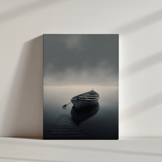 Zen minimalist wall art photo of a boat on water