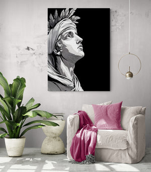 A black and white Greek antiquity wall canvas hangs above a comfy chair adorned with pink pillows, creating an elegant and soothing atmosphere, perfect for a reading nook or sophisticated living area.
