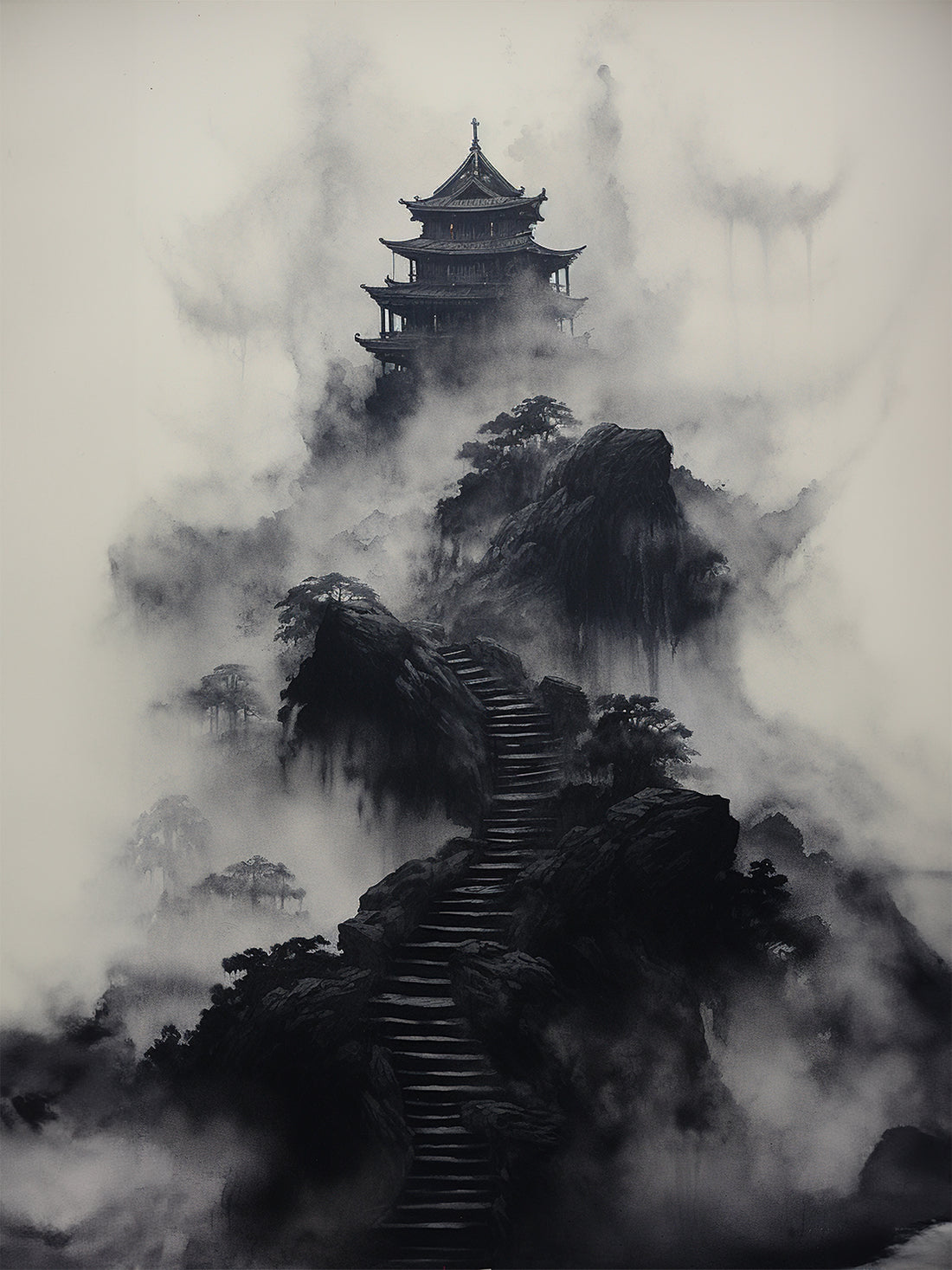 Tableau Temple asiatique - Encre de Chine noir et blanc