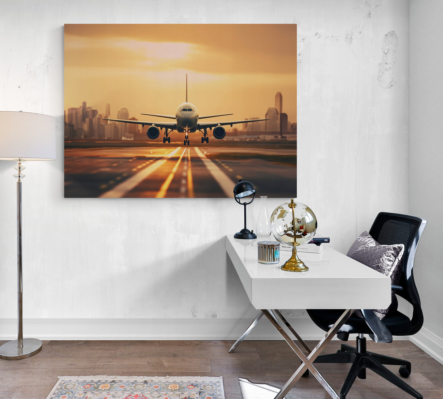 Un tableau moderne d'un avion en plein vol est accroché au mur d'un bureau élégant, 