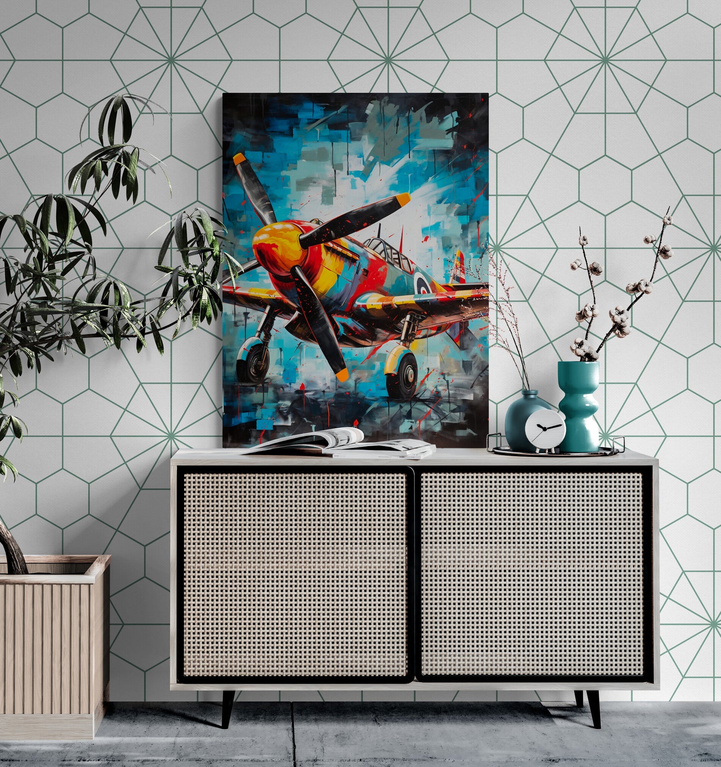 un tableau de décoration d'avion de chasse americain  contraste joliment avec un décor moderne aux motifs géométriques .