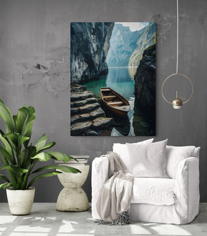 a large canvas with a landscape hanging above a white sofa