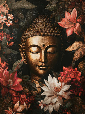 A captivating artwork featuring a golden Buddha surrounded by exotic red and white flowers against a dark background. The vibrant contrast creates a peaceful and elegant vibe.