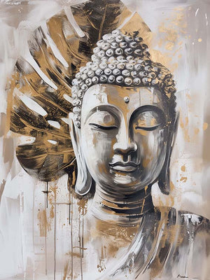 Artistic portrait of Buddha in golden and white shades, serene face with closed eyes, against a painted leaf backdrop.