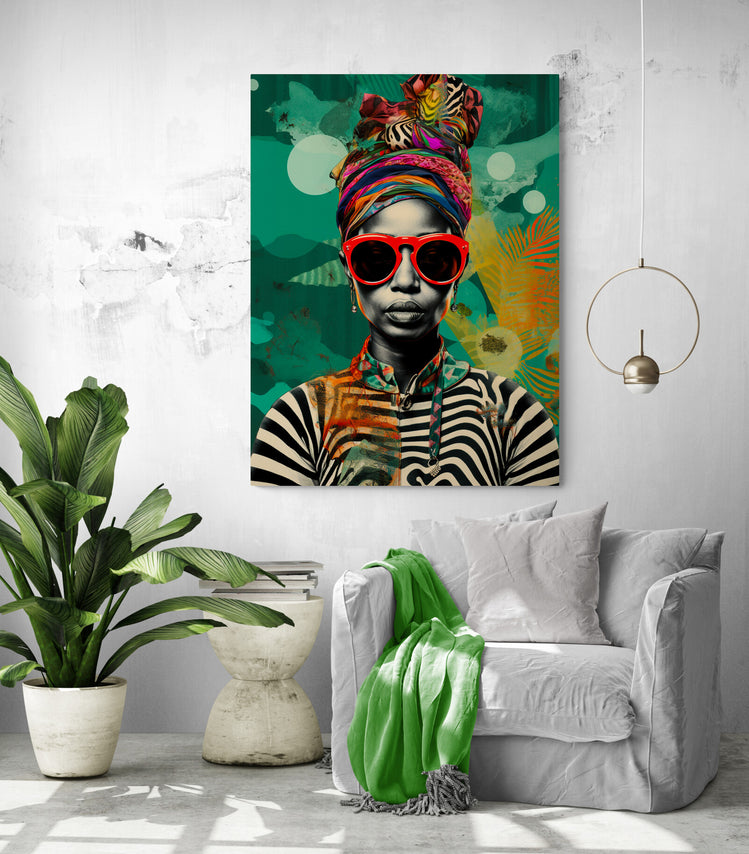  Le tableau de la femme africaine anime un coin douillet avec canapé gris et plantes.