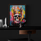 dans un bureau sombre et design, un petit tableau coloré avec une tête de mort se distingue du mur noir