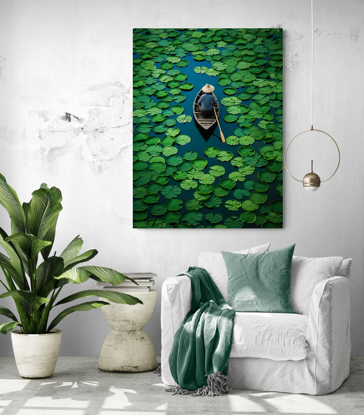  Une toile d'un paysage verdoyant est accrochée au mur d'un salon, à côté d'un canapé blanc drapé d'un plaid vert, en harmonie avec les plantes vertes environnantes, créant un espace de vie apaisant et frais.
