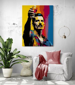Un tableau pop art vibrant met en scène freddie mercury élégant, trônant majestueusement sur un mur de salon épuré.