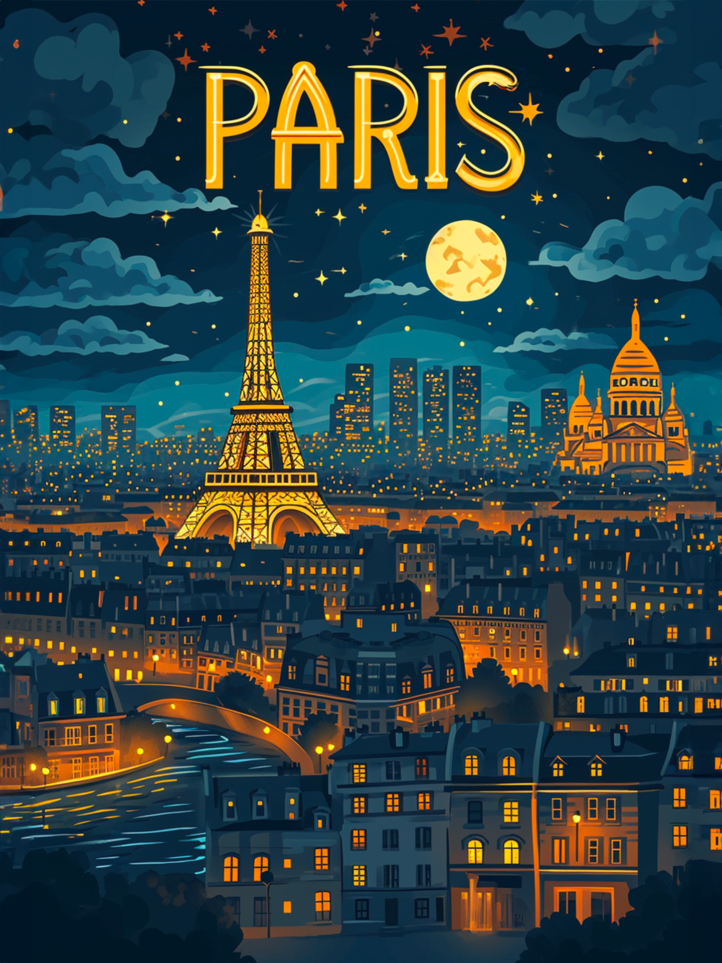 illustration colorée de la ville de Paris la nuit. La Tour Eiffel, sacre-coeur, pleine lune et ciel étoilé, 