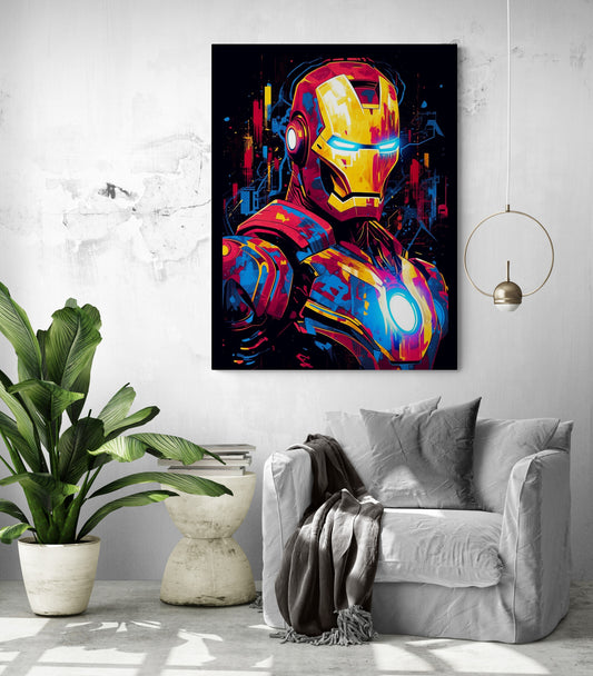 Le design vibrant d'Iron Man contraste magnifiquement avec un salon contemporain aux tons neutres.