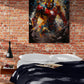 Iron Man sur toile contre un mur de briques dans une chambre.