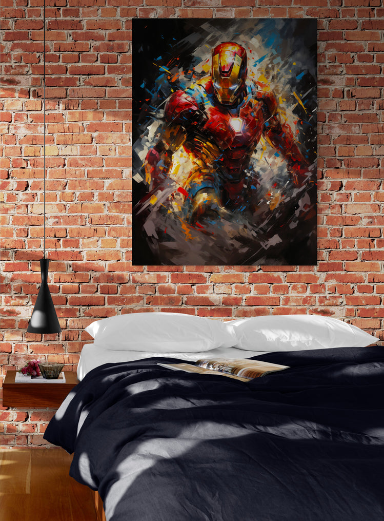 Iron Man sur toile contre un mur de briques dans une chambre.