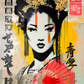 Une œuvre d'art moderne dépeignant un portrait stylisé de geisha avec des éléments graphiques dynamiques et des inscriptions japonaises, alliant tradition et urbanité