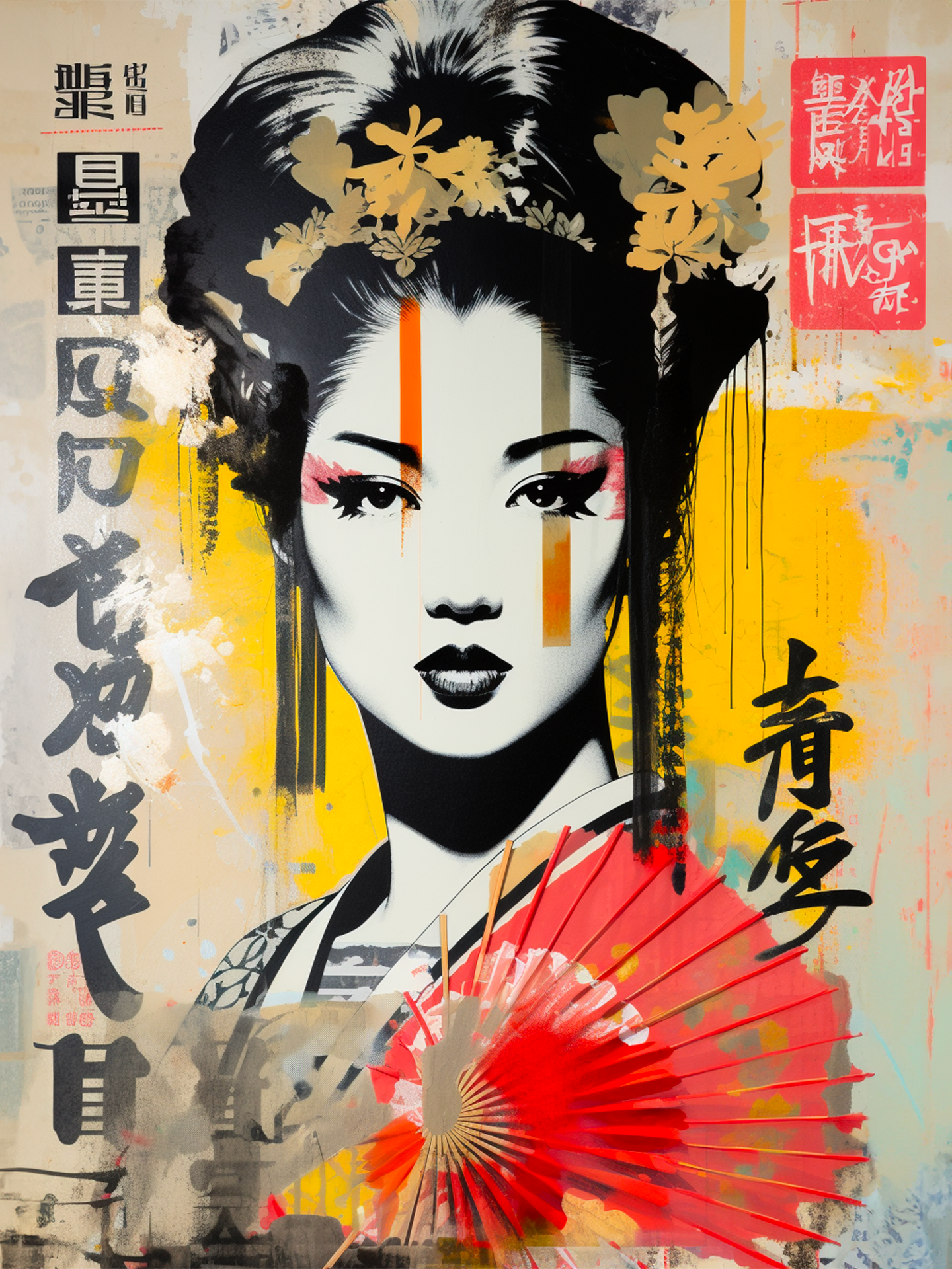 Une œuvre d'art moderne dépeignant un portrait stylisé de geisha avec des éléments graphiques dynamiques et des inscriptions japonaises, alliant tradition et urbanité