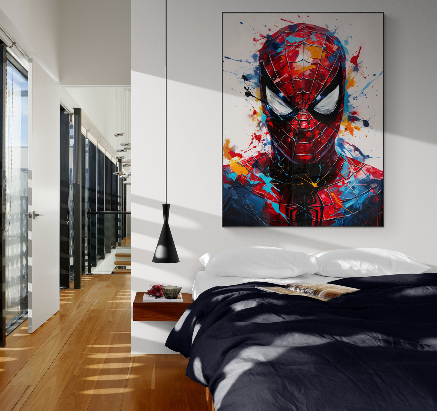 poster  spiderman encadre dans un cadre noir dans une chambre style loft 