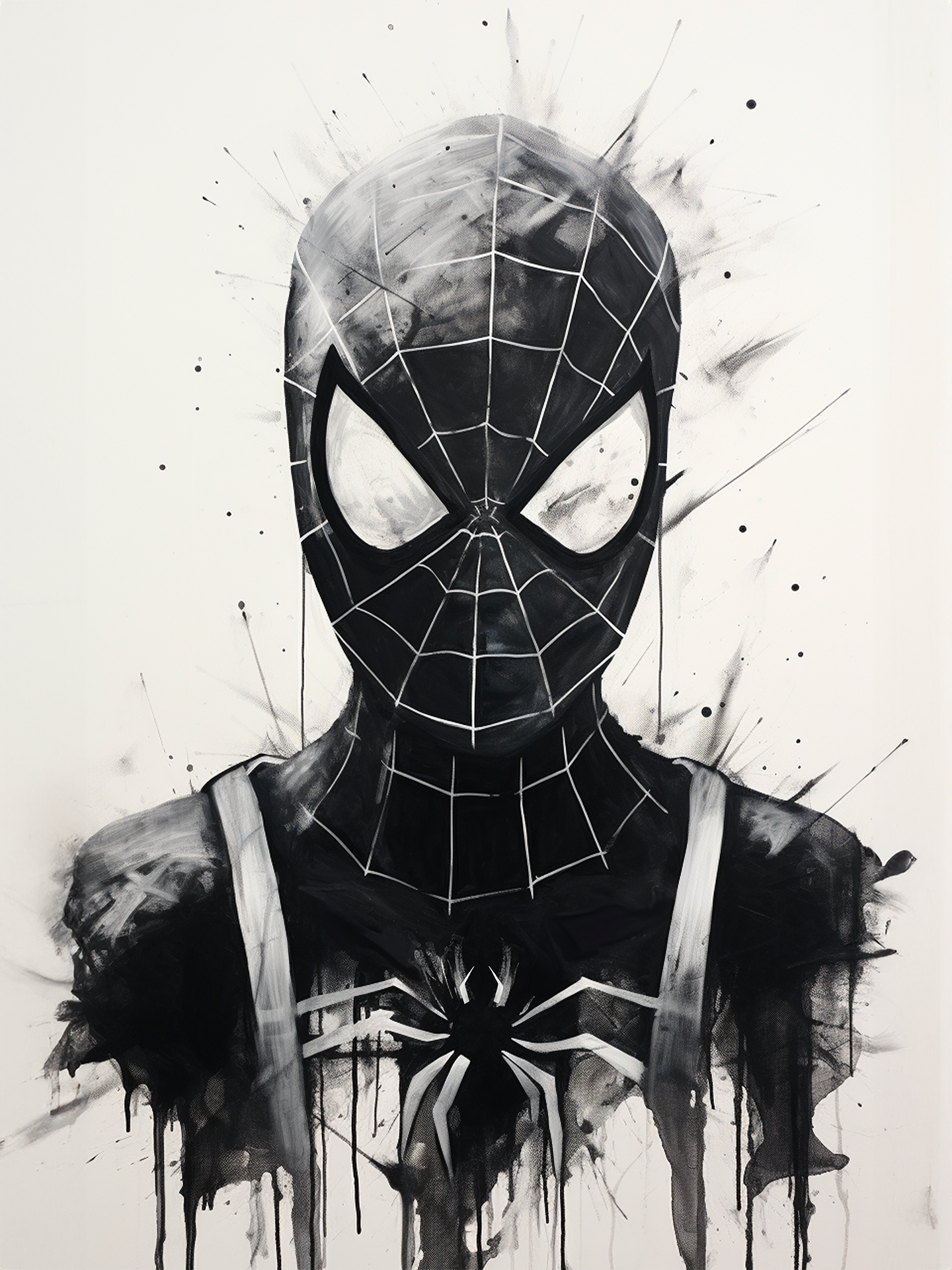 Ce tableau en noir et blanc dépeint une représentation artistique abstraite de Spider-Man avec des coulures d'encre dramatiques qui suggèrent du mouvement ou une désintégration.