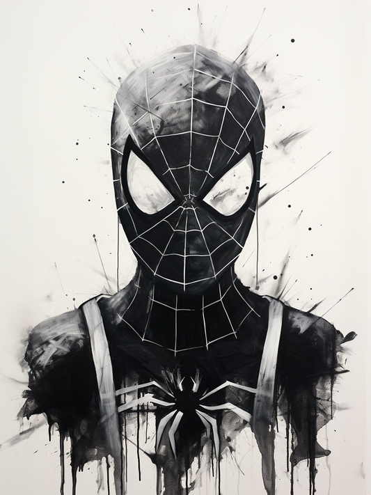 Ce tableau en noir et blanc dépeint une représentation artistique abstraite de Spider-Man avec des coulures d'encre dramatiques qui suggèrent du mouvement ou une désintégration.