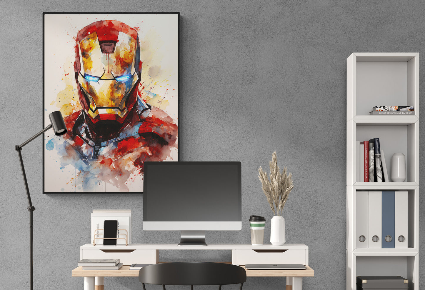 ableau Marvel Iron Man en aquarelle sur mur de bureau.